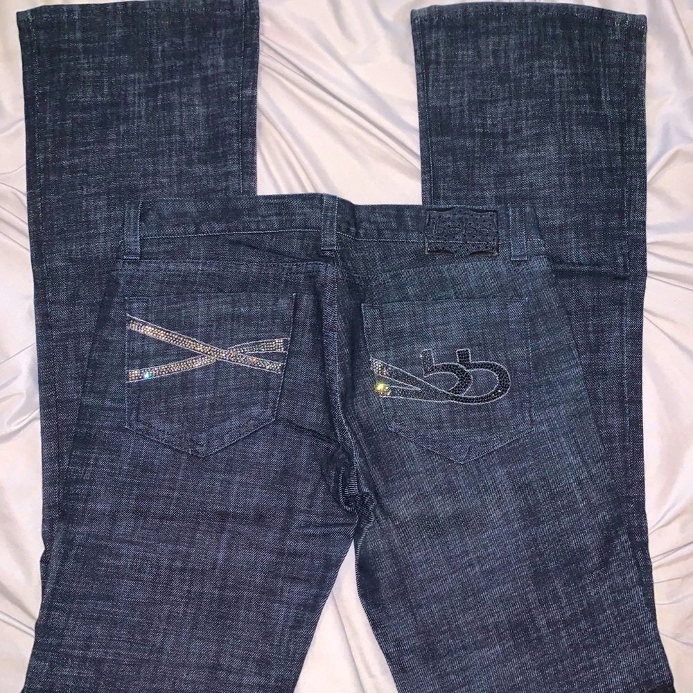 Bebe premium denim flair jeans with rhinestones